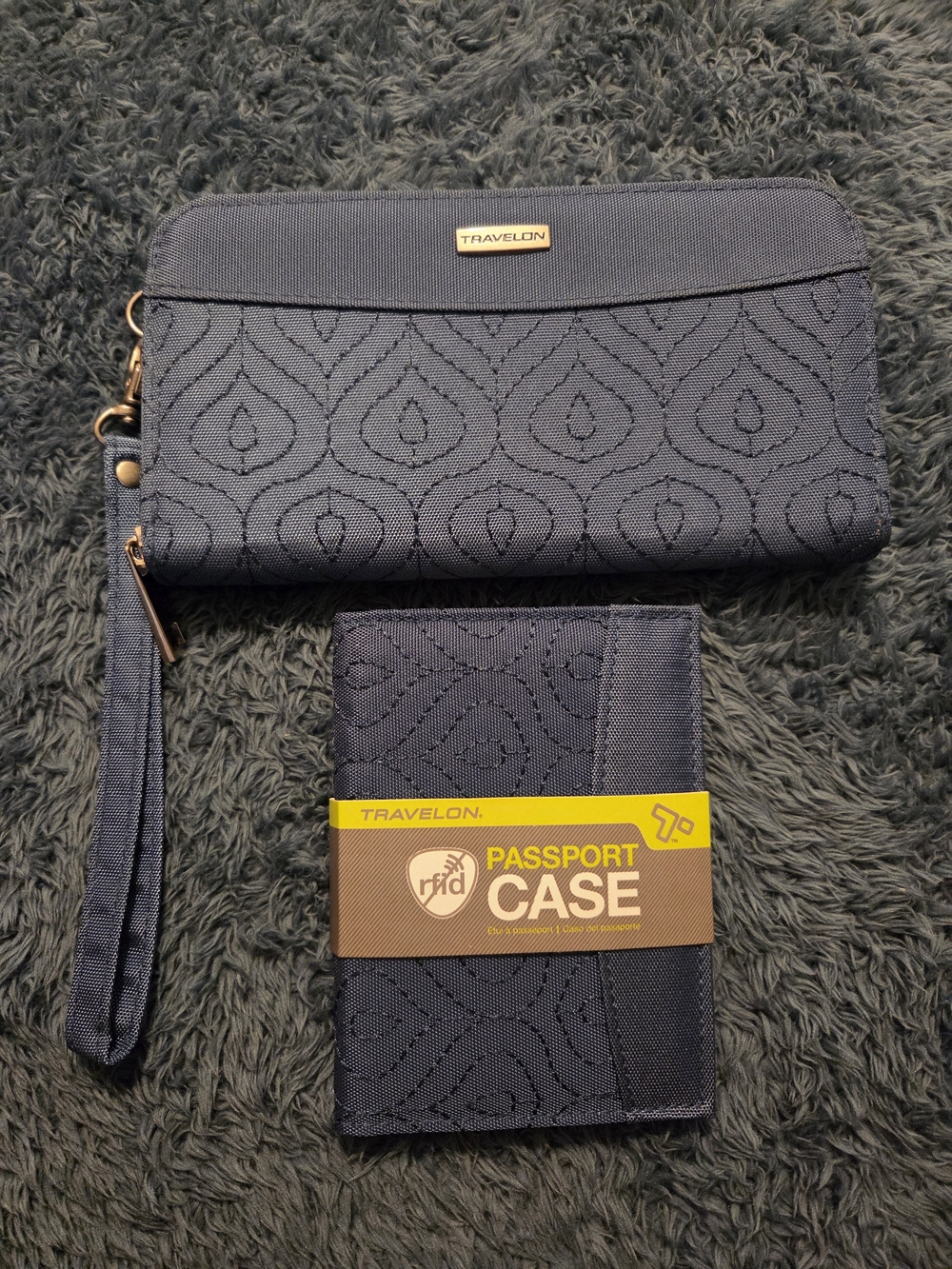 Travelon Blue Quilted RFID Passport Case & Wristlet Wallet Set